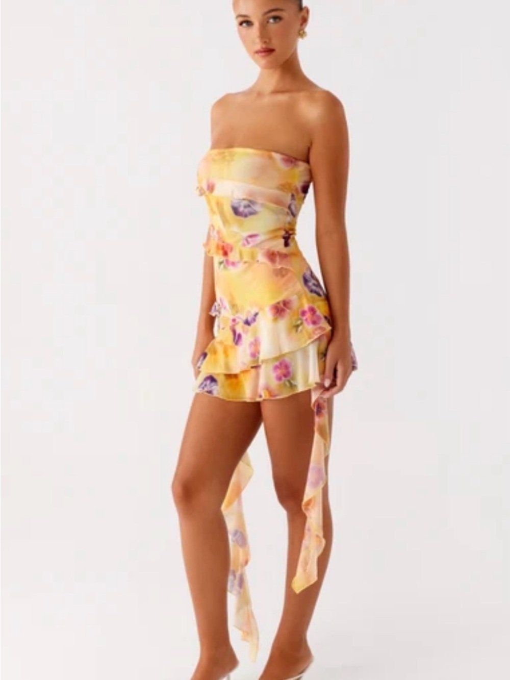 Peppermayo Yellow Floral Strapless Ruffle Mini Dress
